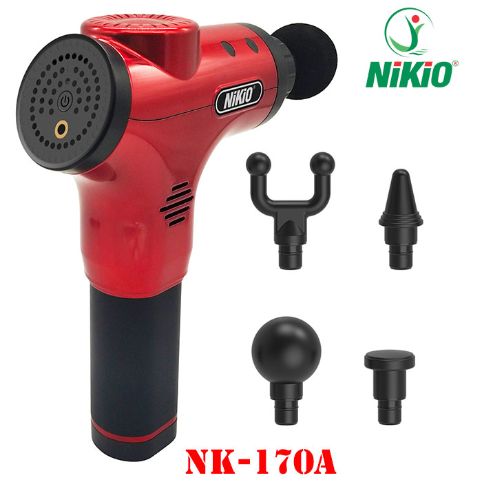 Súng massage cầm tay 4 đầu, 6 tốc độ Nikio NK-170A - Màu đỏ, hỗ trợ trị đau nhức mỏi, căng cơ toàn thân