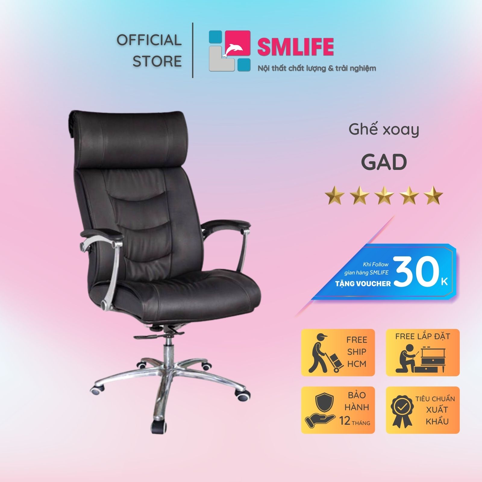 Ghế xoay văn phòng lưng cao bọc PU SMLIFE Gad