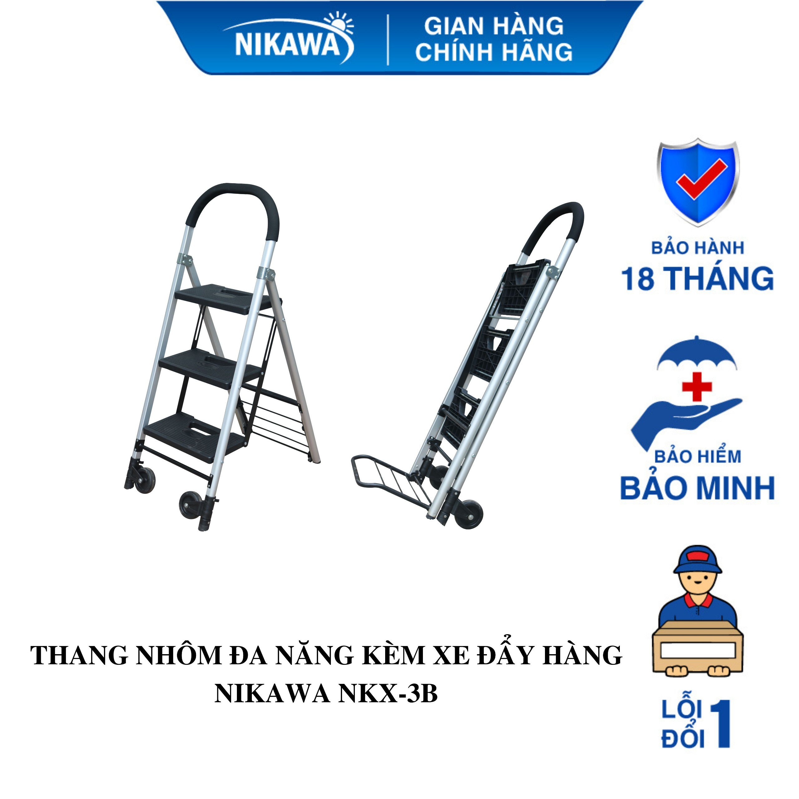 Thang nhôm ghế kết hợp xe đẩy hàng kéo hàng 2 bánh gấp gọn Nikawa nhập khẩu chính hãng NK-X3B