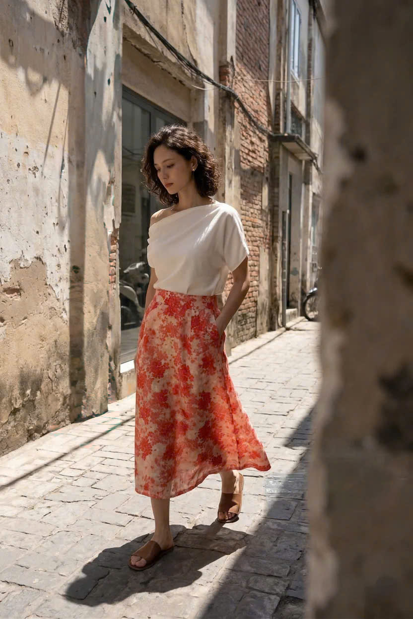 Váy Midi Ramie In Hoa Thanh Minh Ski055 Thời trang Hity