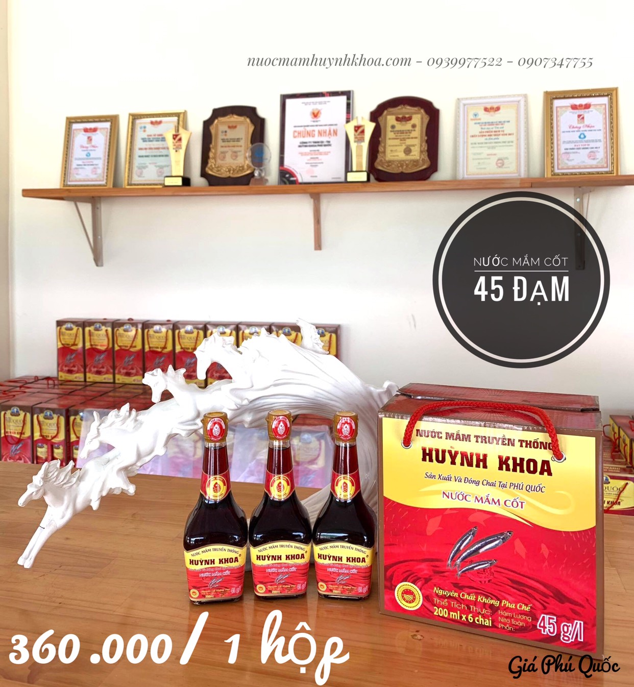Đặc Sản Kiên Giang - Nước mắm truyền thống Phú Quốc Huỳnh Khoa - 45 độ đạm - Chai 200ml hộp 6 chai