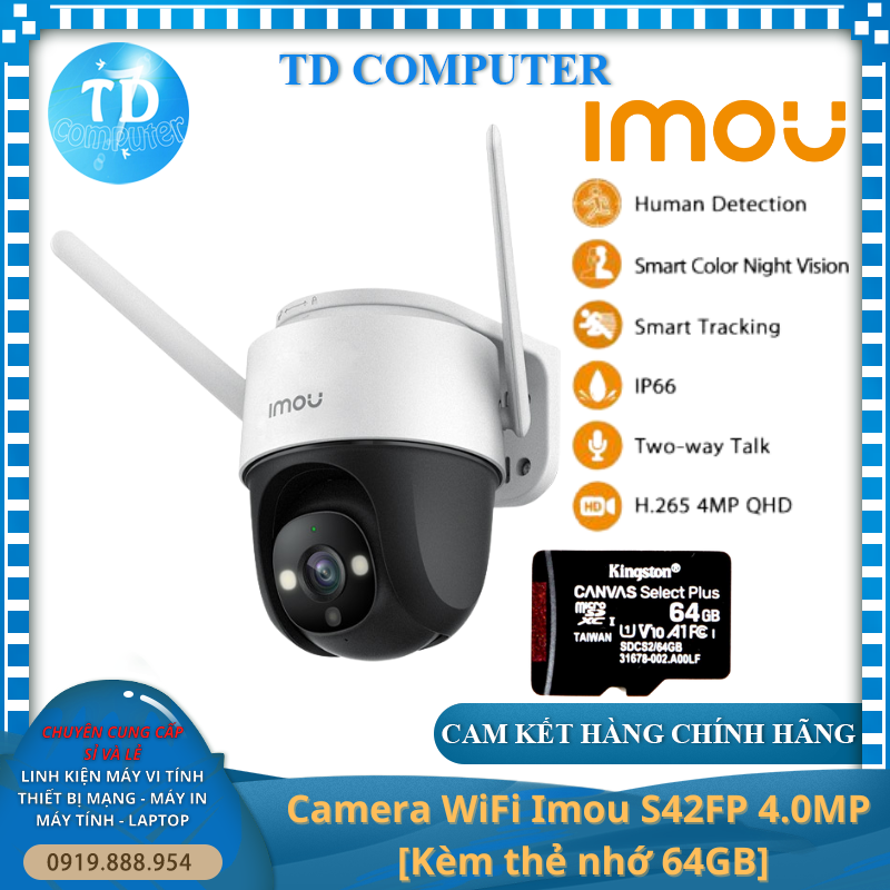 Camera WiFi Imou S42FP 4.0MP [Kèm thẻ nhớ 64GB] ~ Chuẩn QHD 2K Ngoài trời Có màu ban đêm - Hàng chính hãng DSS phân phối