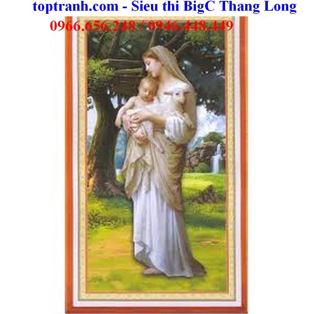 tranh thêu chữ thập Đức mẹ Maria bồng Chúa Jesu, cừu non A1095 chưa thêu