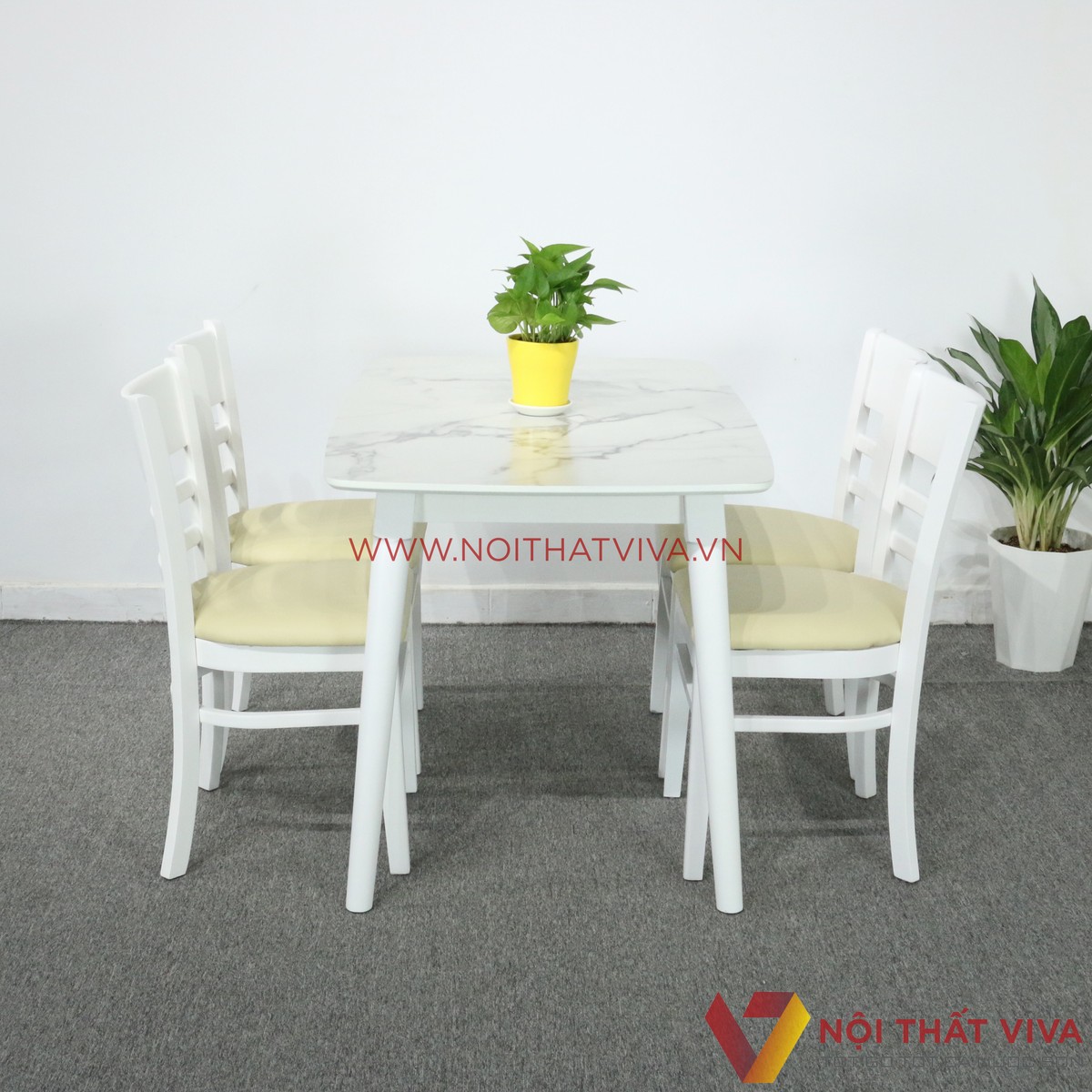 Bộ Bàn Ăn 4 Ghế Vân Đá Trắng Hiện Đại