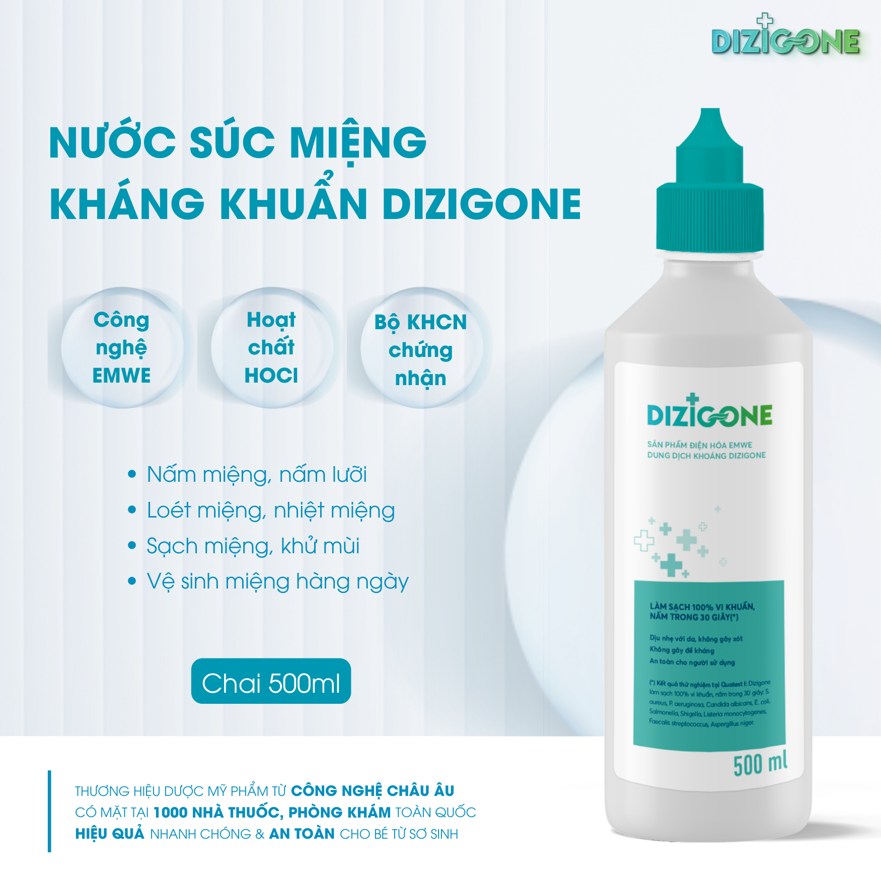 Nước súc miệng DIZIGONE xử lý nấm miệng, loét miệng, nhiệt miệng, hôi miệng dung tích 500ml