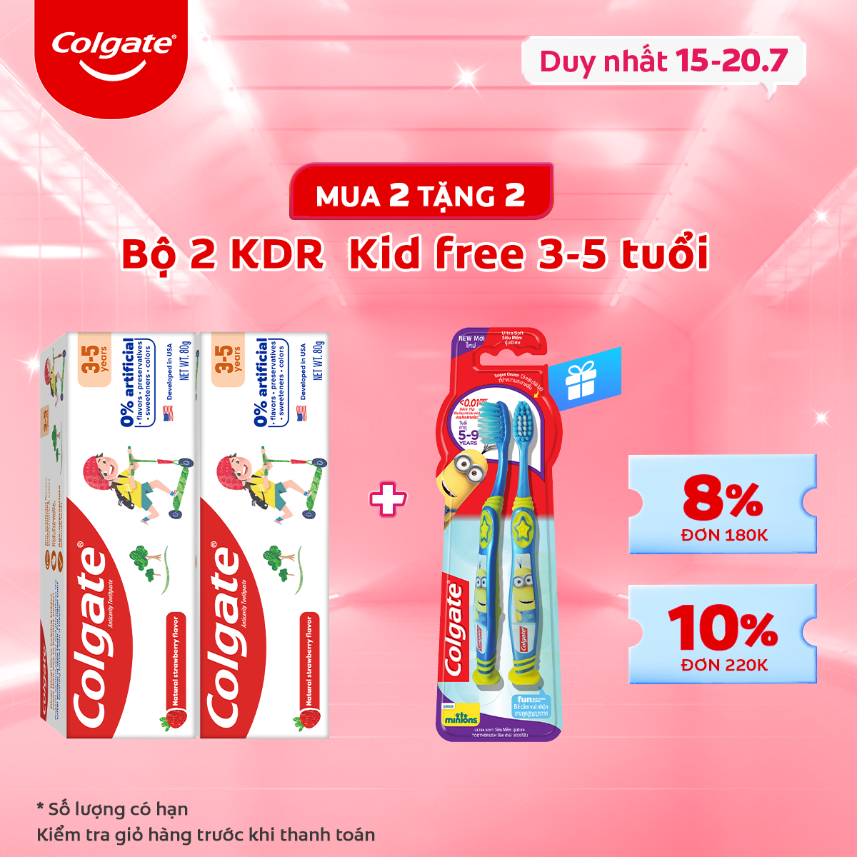 Bộ 2 Kem đánh răng Colgate Minion cho trẻ em hương dâu 80g/tuýp