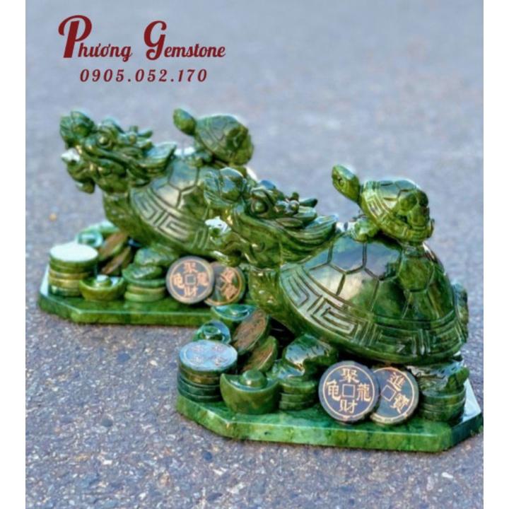 Tượng Cụ Long Quy Cõng Rùa Con - Đá ngọc Serpentine - Dài 22 cm