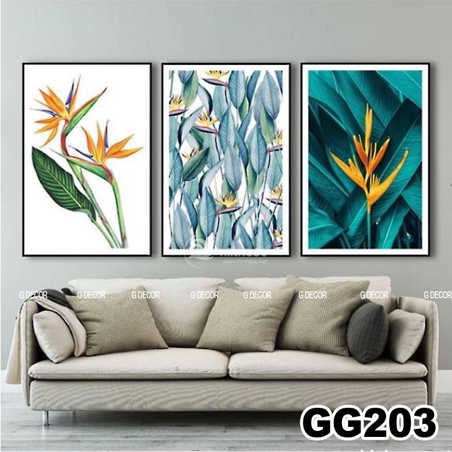 Tranh treo tường canvas 3 bức phong cách hiện đại Bắc Âu 203, tranh hoa lá trang trí phòng khách, phòng ngủ, spa, decor