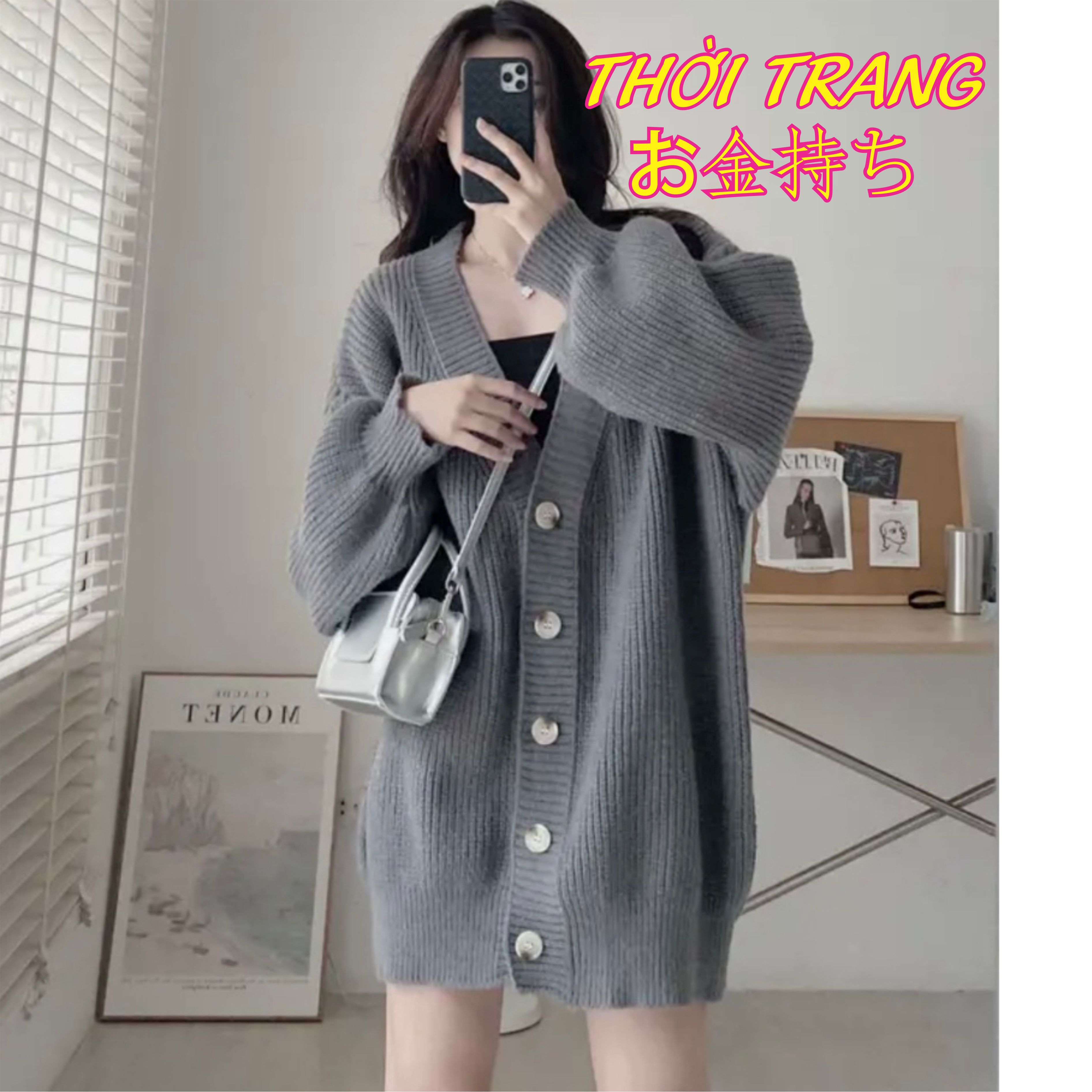SẴN Áo khoác len cổ V cardigan có khuy 2 túi trước oversize trùm mông ulzzang thu đông 171