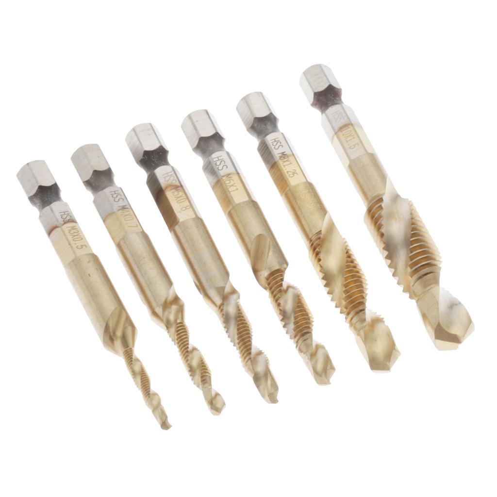 Set of 6 HSS Steel Combination Drill and Tap Bit Set with 1/4 inch Hex Shank - Metric M3 M4 M5 M6 M7 M8 M10