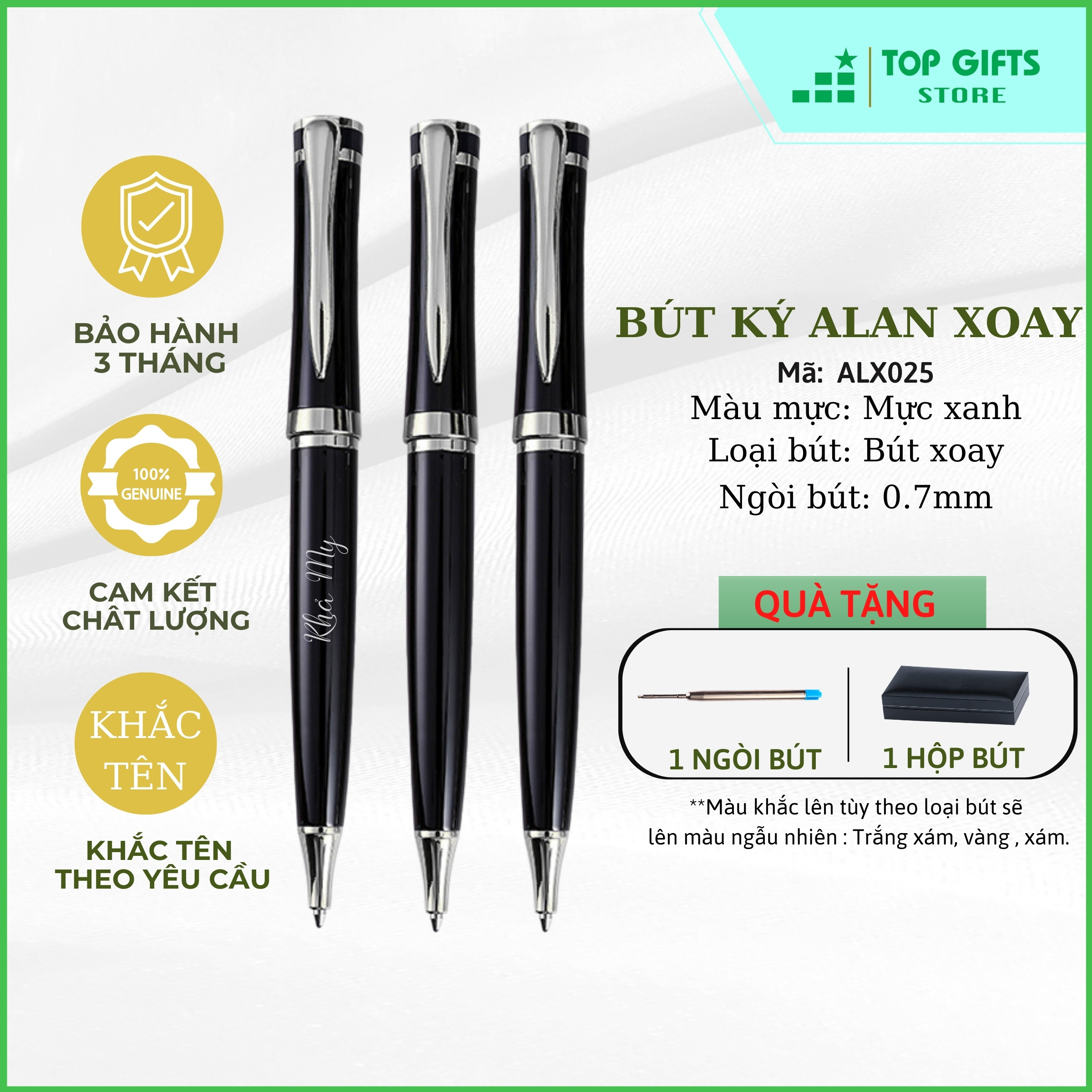 Bút Ký Khắc Tên ALAN xoay mở ngòi 0.7mm Đen viền bạc ALX025| Miễn phí khắc tên + Ruột bút