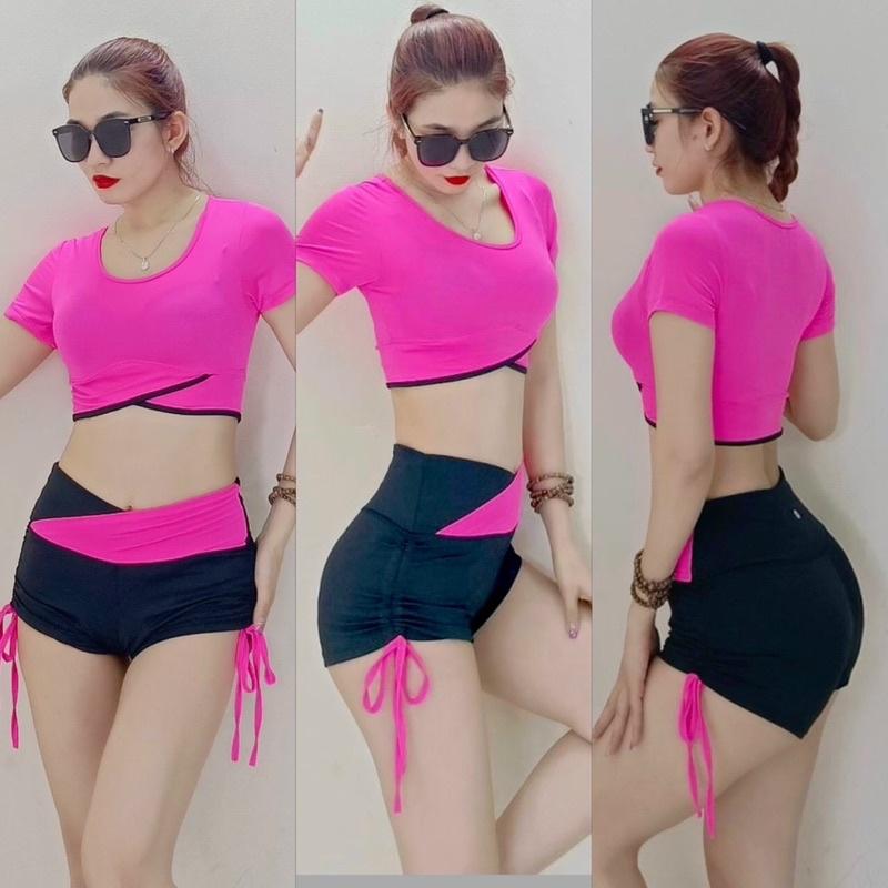 Set bộ đồ tập áo croptop vạt chéo quần đùi rút dây cạp V phối màu tạp gym,yoga,nhảy Zumba, aerobic,đi bơi đi biển nữ