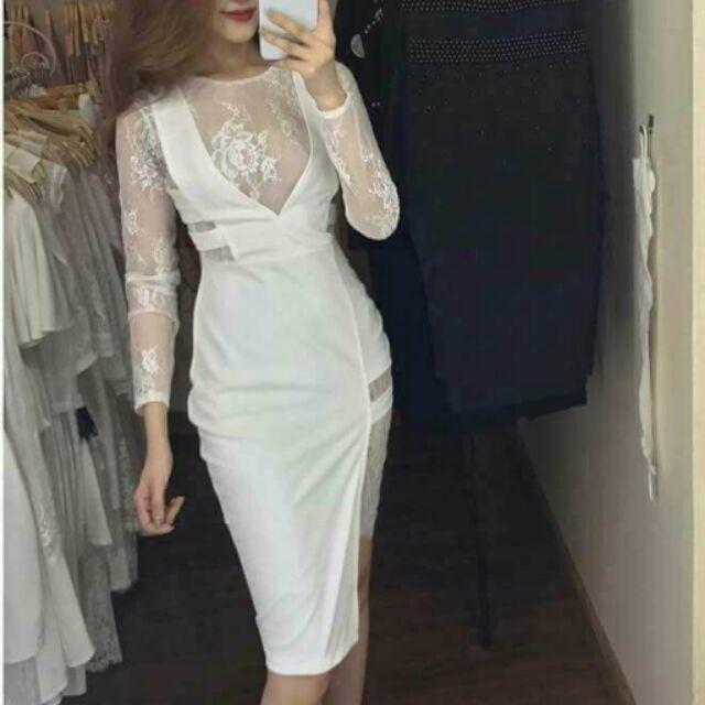 Đầm body tay dài ren lưới hở ngực