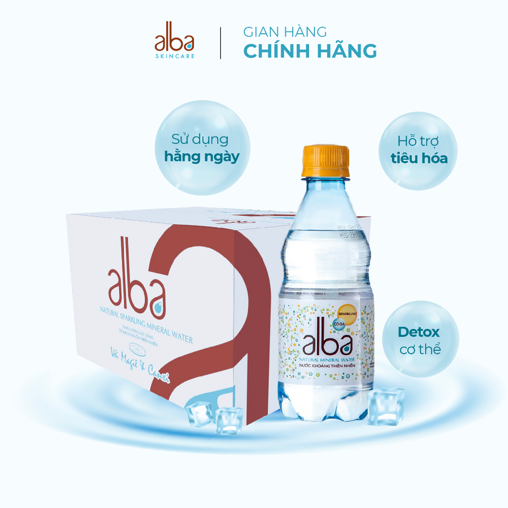 Combo Thùng 24 chai nước khoáng thiên nhiên có ga Alba 350ml + Xịt khoáng Alba Skin Care dành cho da khô 150ml