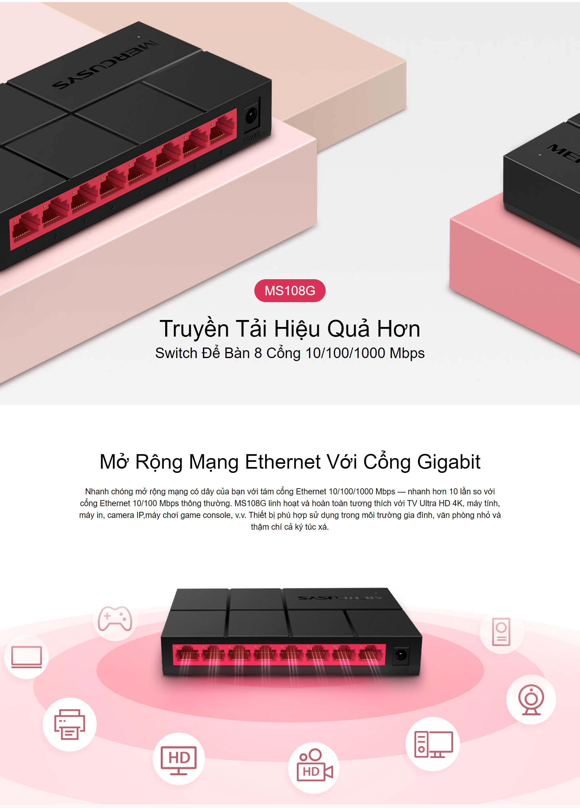 Bộ Chia Mạng Mercusys MS108G 8 Cổng 10/100/1000 Mbps - Hàng Chính Hãng