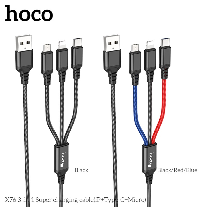 Cáp Sạc Dành Cho Hoco. X76 3 Trong 1 2.0A Cổng IP + TypeC + Micro Dây Dài 1m Hàng Chính Hãng