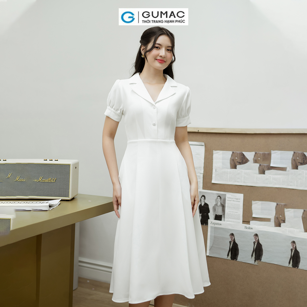 Đầm A xòe tay phồng GUMAC DD08048