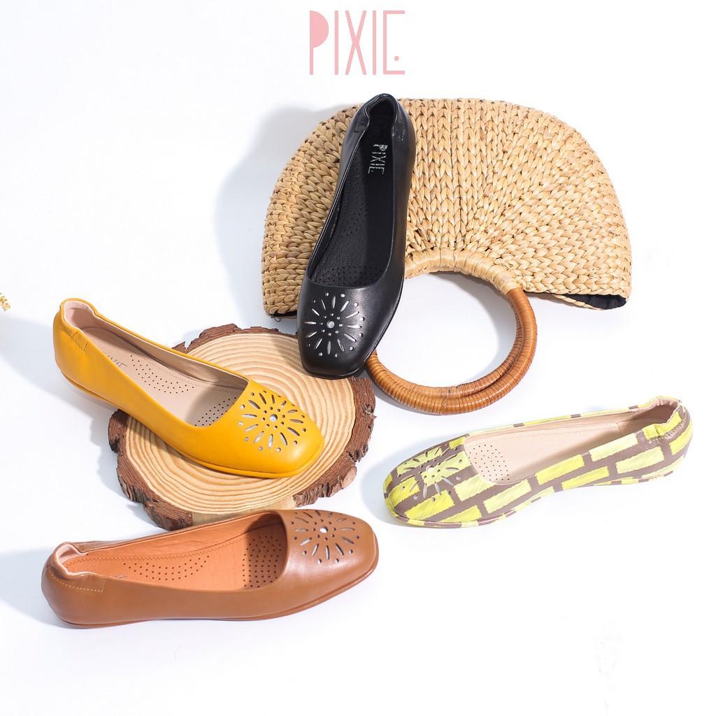 Giày Búp Bê Mũi Vuông Đế Âm Da Mềm Cắt Hoa Trang Trí Màu Vàng Pixie P526