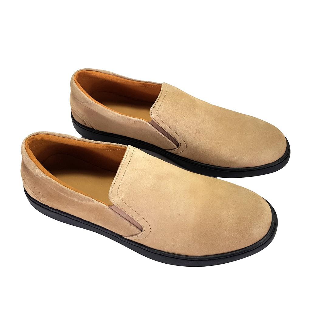 Giày lười giày nam da bò BẢO HÀNH 1 NĂM Giày da lộn  nguyên tấm Giày Slip on da bò đế bệt S-22 màu đen và xám