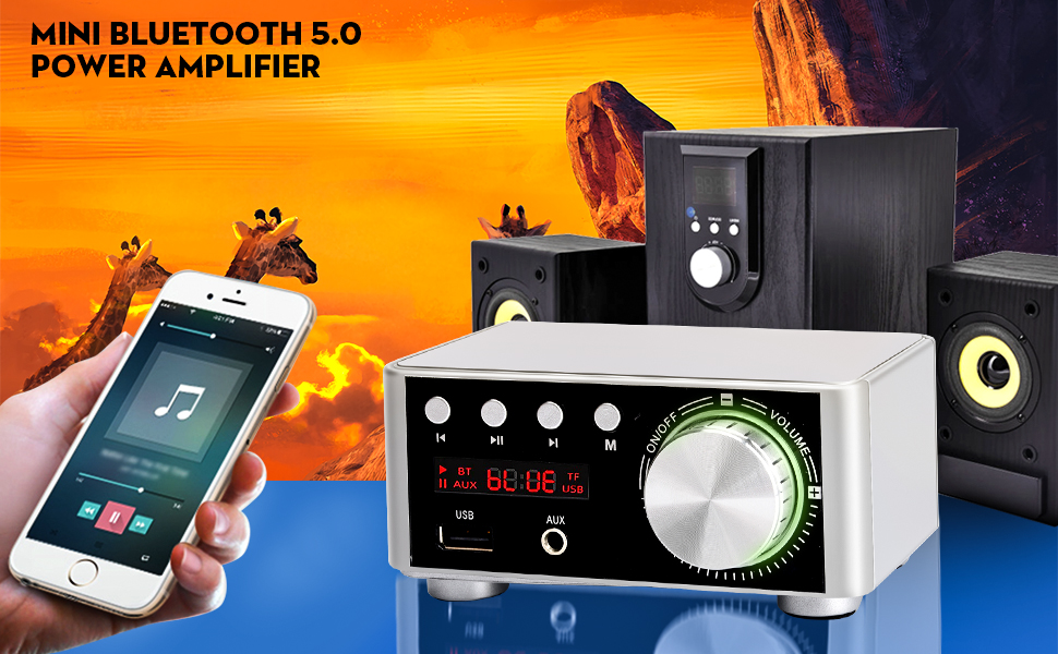 Amply Hifi Mini Bluetooth 5.0, tích hợp khe cắm thẻ nhớ, USB, AUX 3.5mm hỗ trợ đầy đủ định dạng âm thanh, kèm adapter củ sạc, dây loa MIHOCO BT5.0-Hàng chính hãng