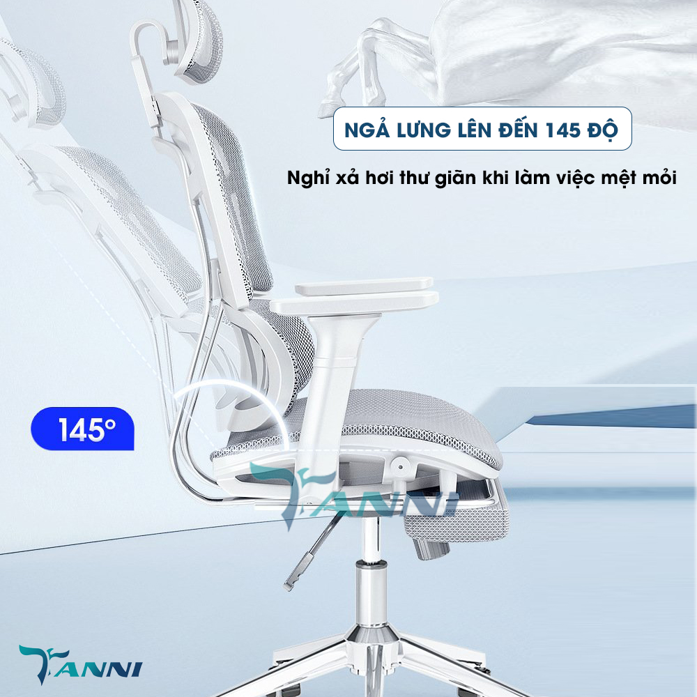 Ghế Xoay Văn Phòng Công Thái Học Cao Cấp Có Ngả Lưng TANNI Premium V3, Ghế Xoay Ngồi Làm Việc Ergonomic Nhập Khẩu