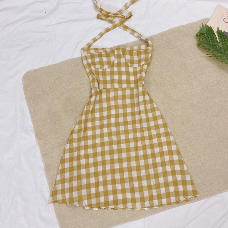 Đầm suông caro cúp ngực buộc nơ cổ summer 2021