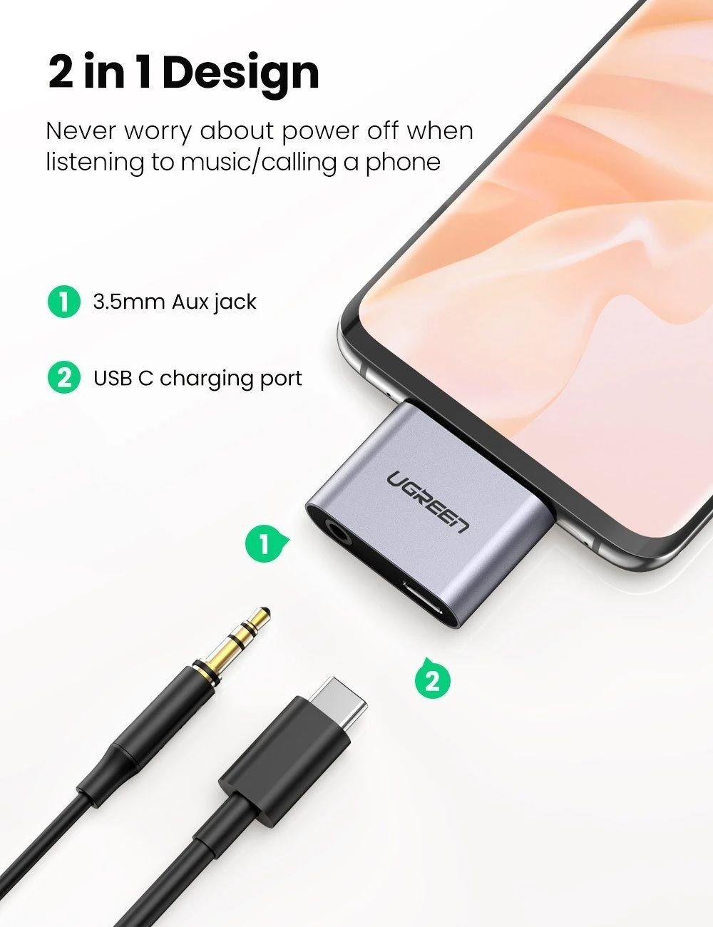 Ugreen UG70312CM193TK 2 trong 1 màu xám bộ chuyển USB type C ra 3.5mm audio và sạc nhanh cổng c chuẩn pd - HÀNG CHÍNH HÃNG