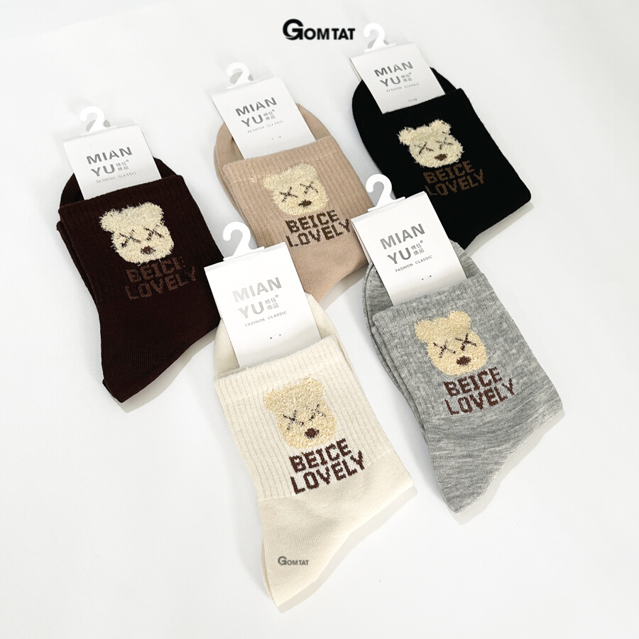 Tất Nữ Cổ Lửng GOMTAT Họa Tiết Hình Gấu BEICE, Chất Liệu Cotton Cao Cấp Thoáng Khí - LISU17-LUNG-GAU-BEICE