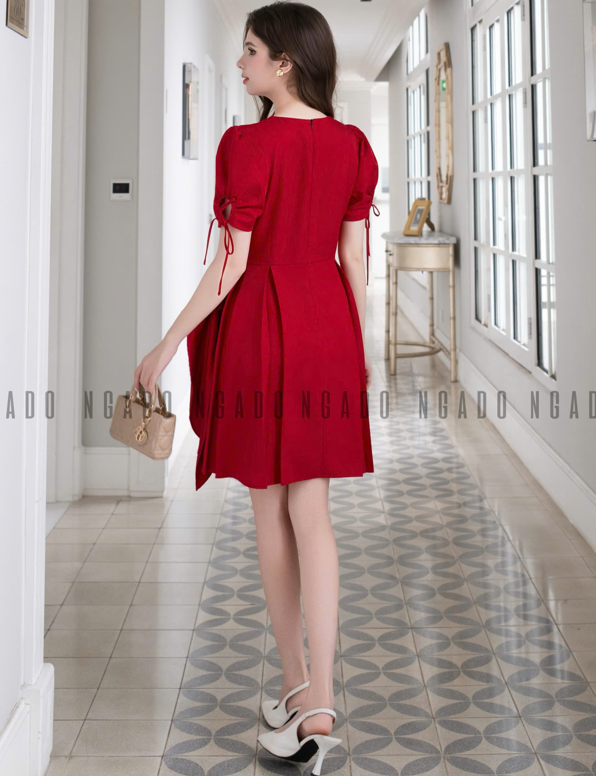 Đầm đỏ vạt xếp NGADO , đầm nữ , đầm công sở , dạo phố