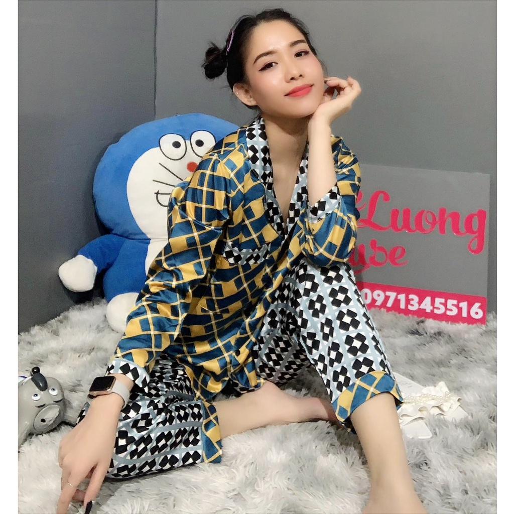 1. Đồ bộ cánh dơi Pijama Satin họa tiết lập phương dài TDQD mát mịn (không phải lụa hay kate, lụa mango) - KLHSTORE2018