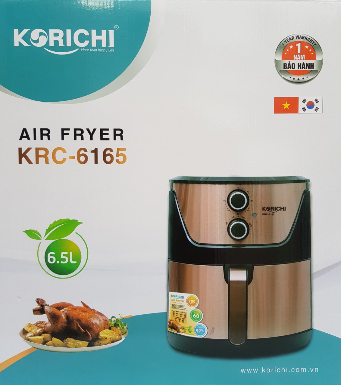 NỒI CHIÊN KHÔNG DẦU 6.5L, 1800W, NÚM CHỈNH CƠ, ỐP INOX MÀU ĐỒNG KORICHI KRC6165 - HÀNG CHÍNH HÃNG