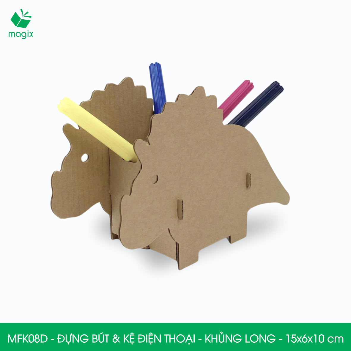 MFK08D - Đựng bút &amp; kệ điện thoại bằng giấy carton - Hộp bút kiểu dáng Khủng long - 15x6x10 cm