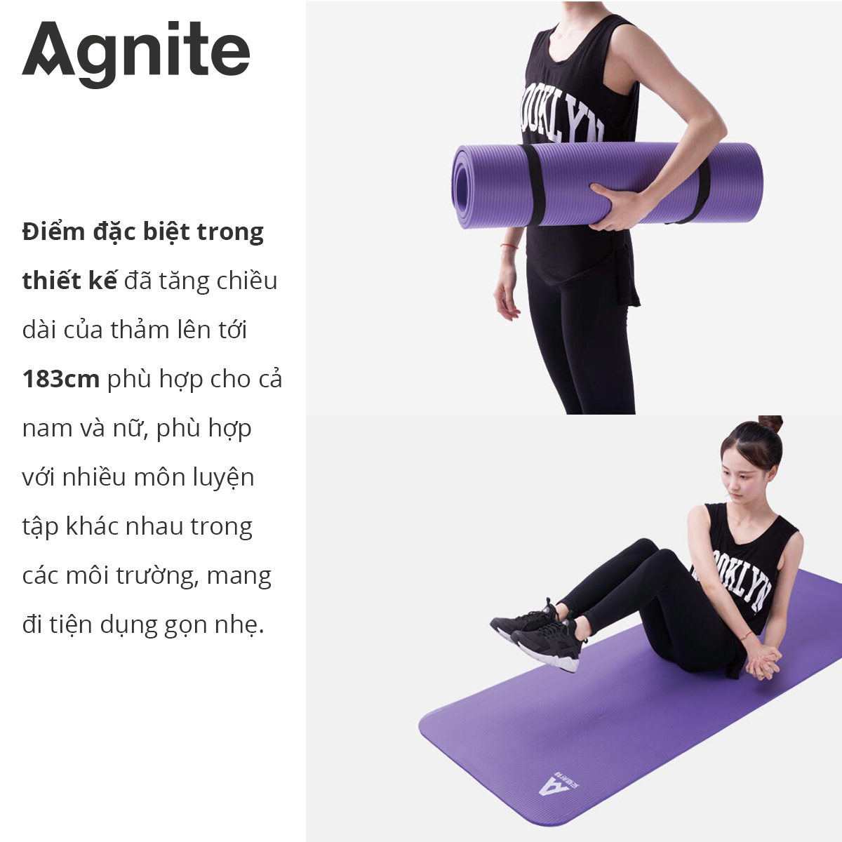 Thảm tập Yoga và GYM chuyên dụng dày 10mm Agnite - NBR nguyên khối, độ đài hồi tốt, chống lún - Chống trơn trượt, độ bám cao, ngăn ngừa hôi và ẩm mốc - Kèm dây buộc - Hàng chính hãng - F4174