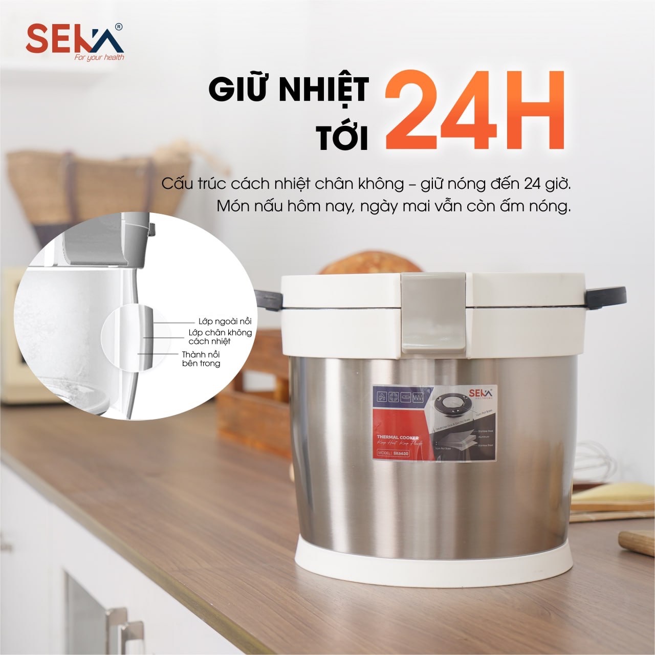 Nồi Ủ Chân Không SEKA SK6630 Dung Tích 7L inox304 Giữ Nhiệt Đến 24h Siêu Tiết Kiệm Nhiên Liệu - Hàng Chính Hãng