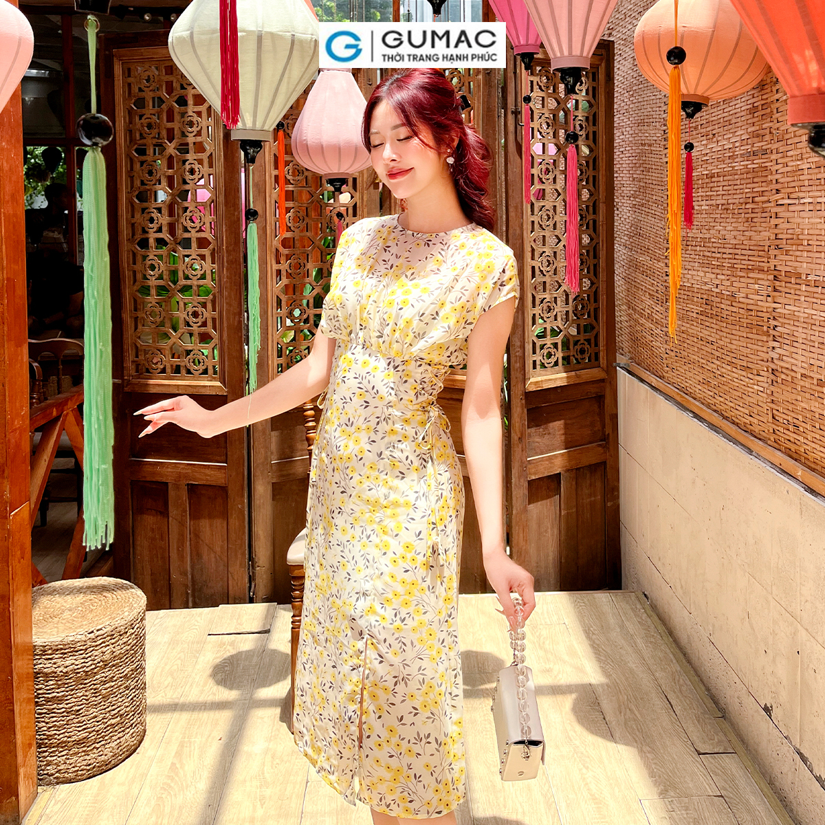 Đầm họa tiết hoa kiểu phối dây eo thời trang nữ tính thanh lịch GUMAC DD07031