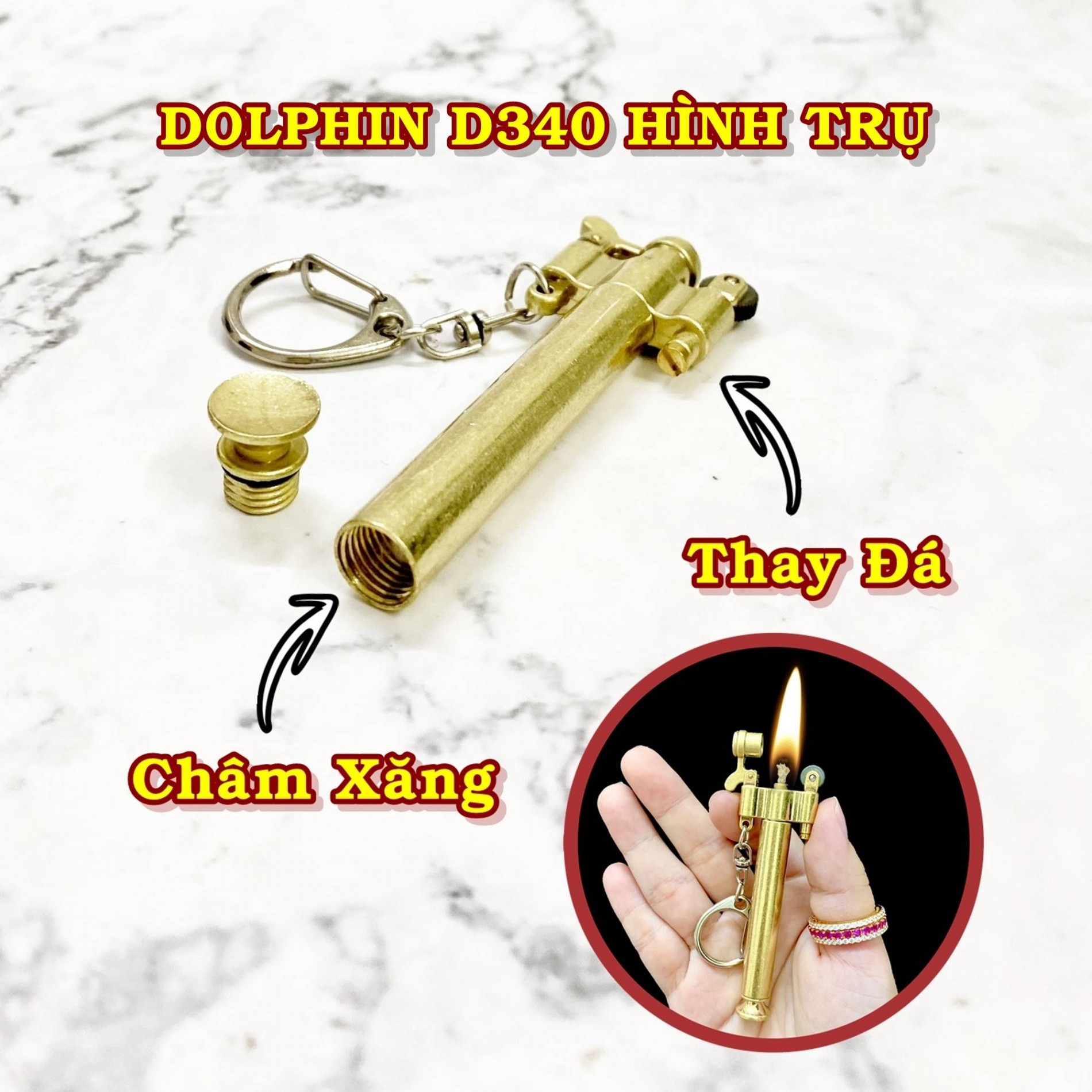 Hột quẹt bật lửa móc khóa Dolphin xăng đá cổ hình trụ D340 kim loại - xài xăng