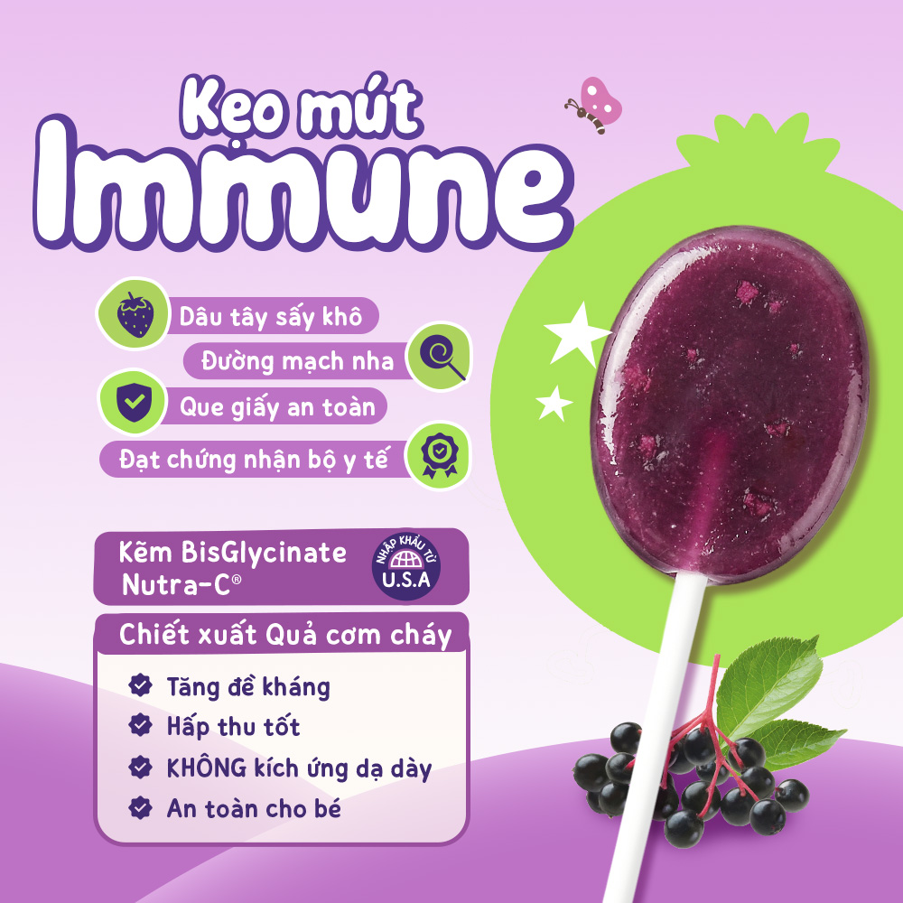 ZuZuKids Kẹo Mút Vi Chất IMMUNE Bổ Sung Kẽm Tăng Đề Kháng Cho Bé - Dây 10 que &amp; Hộp 20 que