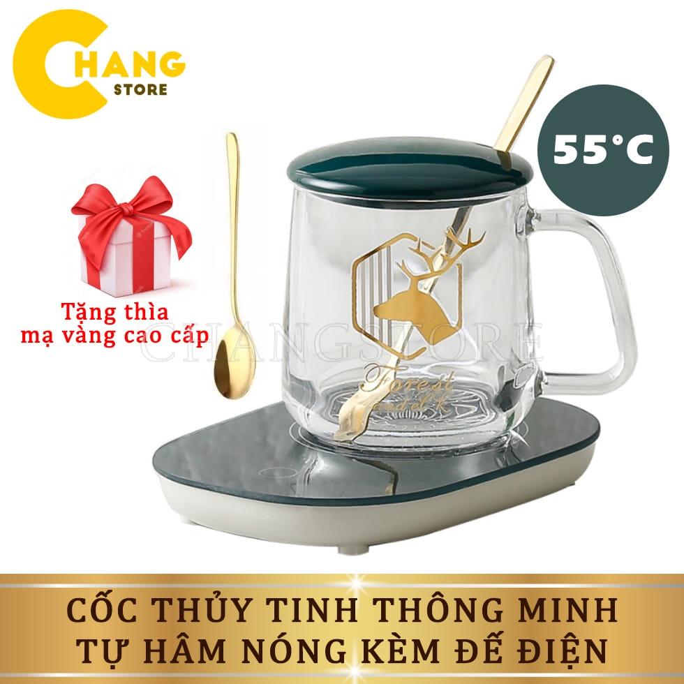 Cốc Hâm Nóng Bằng Thủy Tinh Trong Suốt - Kèm Đế Điện - Hâm Nóng Cafe, Sữa, Trà + Tặng Thìa Mạ Vàng Tiện Lợi