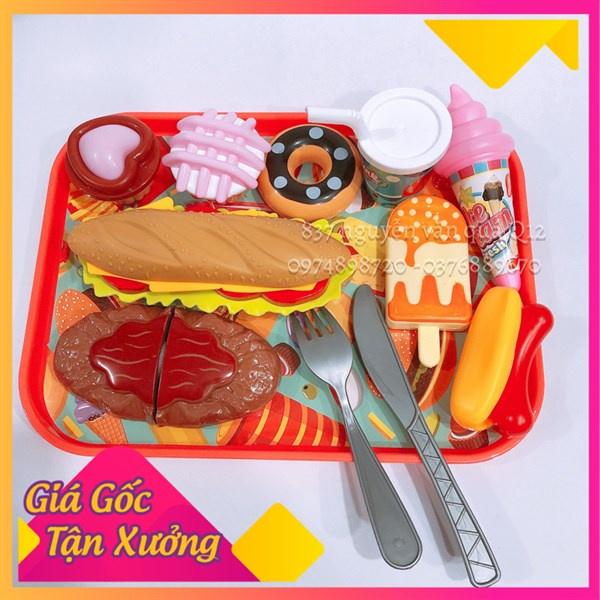 Túi đồ chơi thức ăn nhanh gồm bánh mì kẹp, xúc xích, bánh cho bé thích nấu ăn, đầu bếp, nhà bếp 7659-1