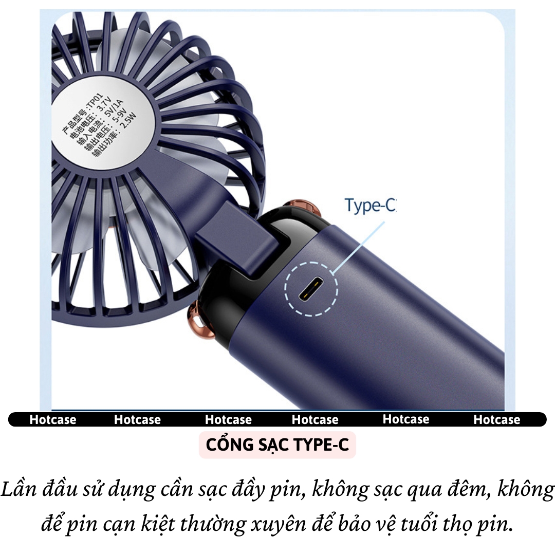 Quạt Cầm Tay, để bàn, gắn tường Turbo công suất cao hiệu HOTCASE Swivel Pin 4000mAh,Đèn Led hiển thị, 05 Cấp Độ Gió, Gió Mạnh, Êm, Pin Khủng, Siêu Nhỏ Gọn, tích điện sạc, mini cầm tay - Hàng nhập khẩu