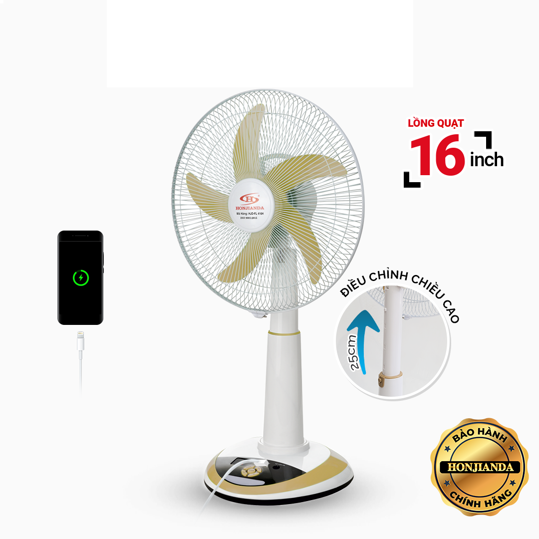Quạt Sạc Tích Điện 16 Inch Honjianda HJD-FL416H Tích Hợp Đèn LED Và Cổng Sạc USB - Màu Ngẫu Nhiên - Hàng Chính Hãng