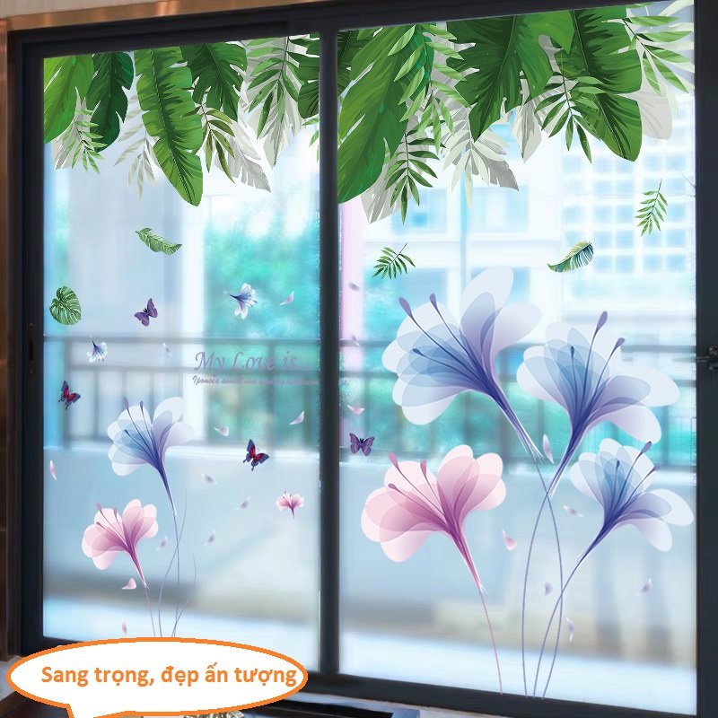 Decal dán tường hoa tím lá xanh lãng mạn sang trọng
