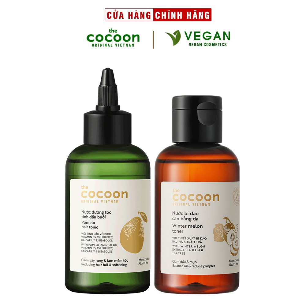 Combo Toner bí đao cân bằng da cocoon 140ml + Nước dưỡng tóc tinh dầu bưởi Pomelo Cocoon 140ml