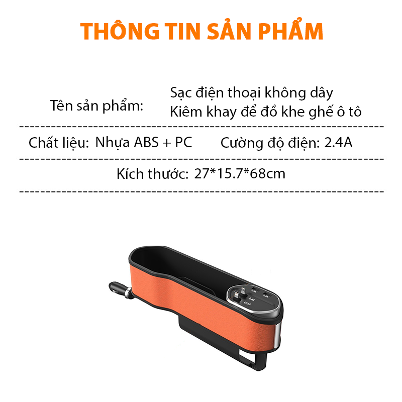Sạc điện thoại không dây trên xe hơi kiêm Khay để đồ khe ghế ô tô cao cấp - K1701