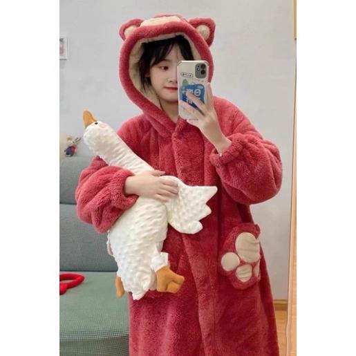 Bộ Đồ Ngủ Nhung San Hô Dày Dặn Giữ Ấm Mùa Thu Đông Họa Tiết Gấu Dâu