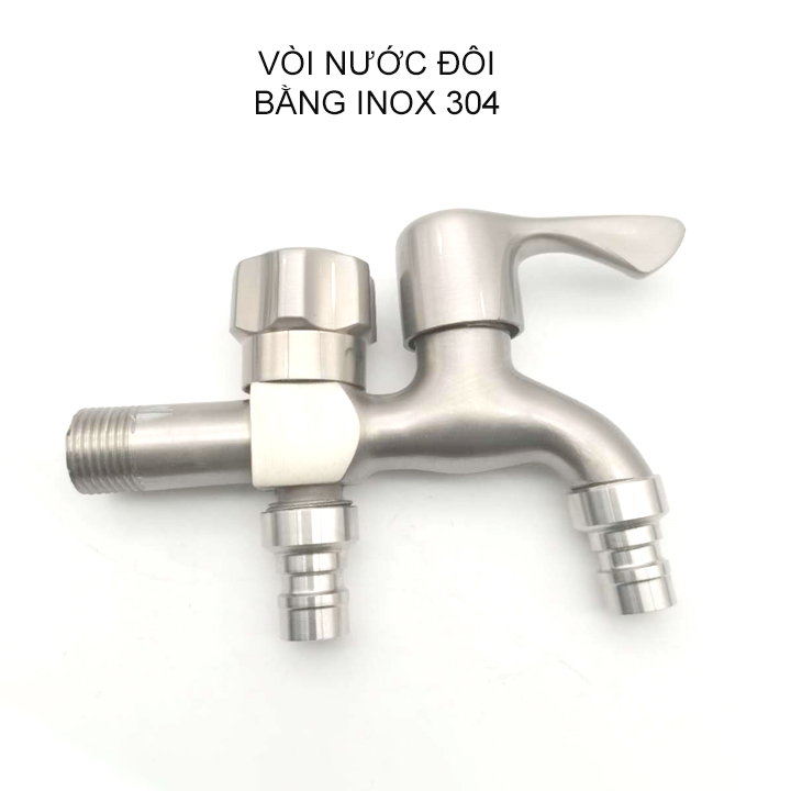 Vòi nước đôi inox 304 gắn tường, 01 đầu vào 2 đầu ra (kích thước đầu vào DN15 lắp cho ống D21)