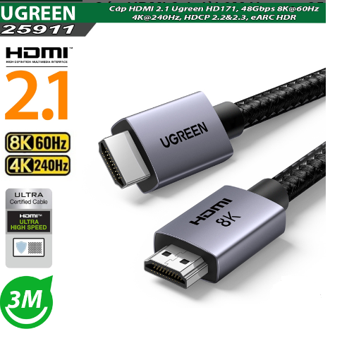 Cáp tín hiệu HDMI 2.1 dài 2M Ugreen 25910  8K@60Hz- Hàng chính hãng
