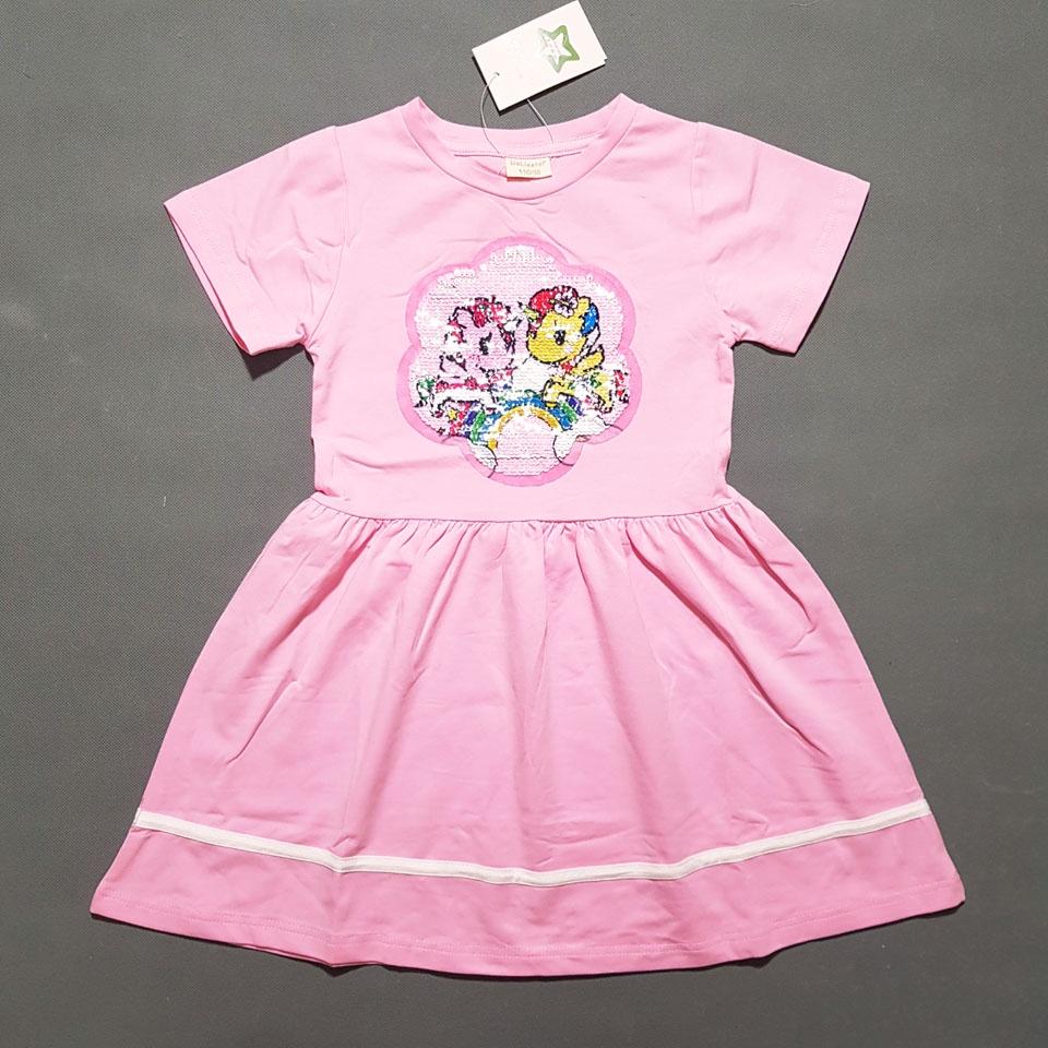 Đầm thun cotton mềm mát vuốt kim sa đổi màu ngựa pony hồng và elsa xanh cho bé gái