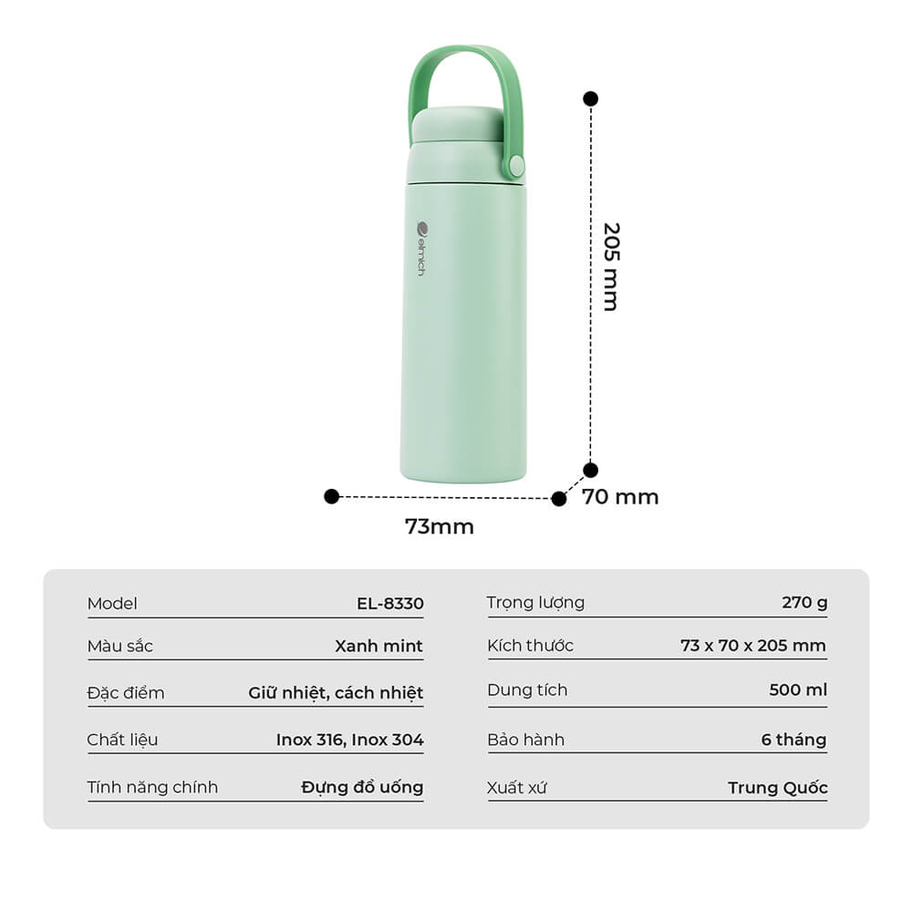 Bình Giữ Nhiệt Inox 316 Elmich EL8330 500ml, Hàng Chính Hãng, Có Lưới Lọc Trà, Cấu Tạo 2 Nắp-JoyMall