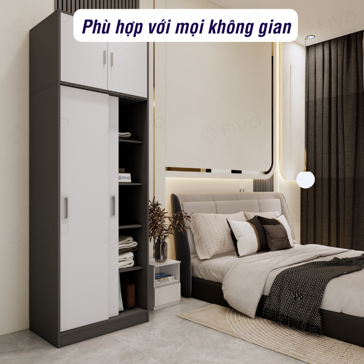 Tủ Treo Áo Quần Cửa Trượt Gỗ Lõi Xanh Chống Ẩm Cao Cấp FIVO Mã FC31 Nhiều Kích Thước Phù Hợp Với Mọi Không Gian - Màu Xám + Trắng